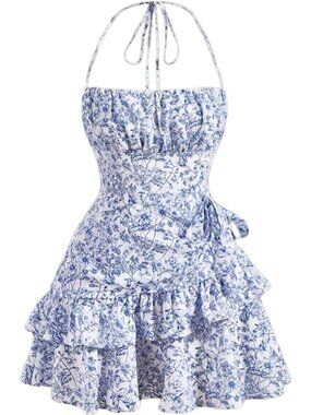 Floral Print Tie Halter Mini Dress for Women | Ruffle Trim Casual Summer Dress